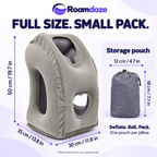 Roamdoze inflatable travel pillow dimensions: approximately 50 cm high, 35 cm deep and 30 cm wide. Included storage pouch is 12 cm wide and 18 cm high.