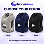 Roamdoze heart-opening inflatable travel pillow in Gray, Navy and Black; one storage pouch is included with every pillow.