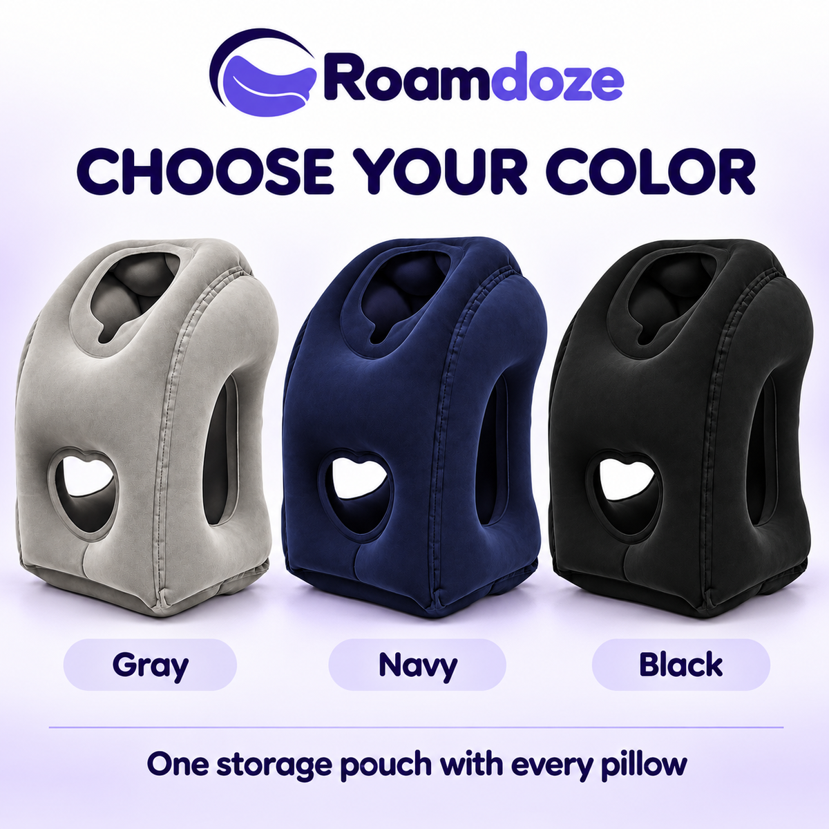 Roamdoze heart-opening inflatable travel pillow in Gray, Navy and Black; one storage pouch is included with every pillow.